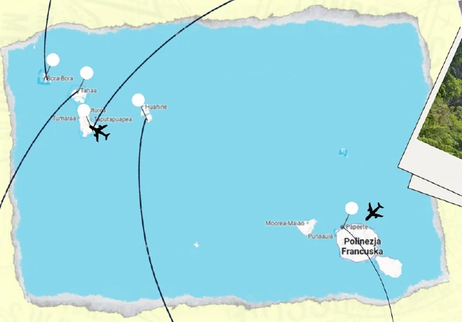 Schemat podróży pomiędzy Tahiti, Raiatea, Huahine, Taha'a i Bora Bora